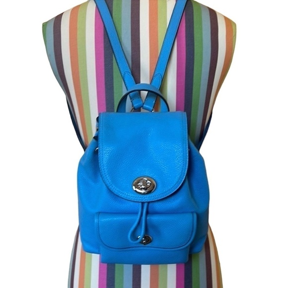Coach Azure Blue Pebble Leather Silver Turn Lock Small Backpack - Picture 1 of 14
